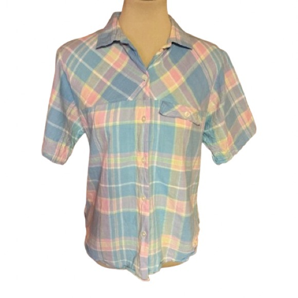 Vintage 80s pastel plaid button down shirt - Picture 1 of 10